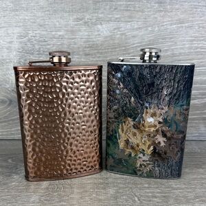 Lot of 2- 8oz Stainless Steel Hammered Copper & Camouflage Bark Tree Hip Flasks